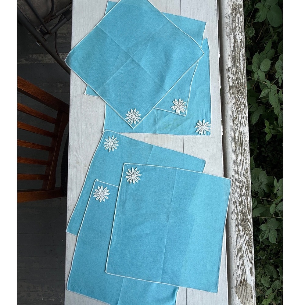 Vintage Aqua Blue Daisy Applique Cocktail Napkins Set of 6 12 Inch